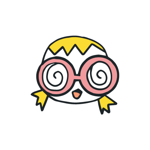 a smiling avatar of a girl with pigtails and glasses, hypnotized